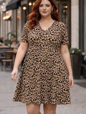 Unbranded Leopard Print A-Line Dress | V-Neck Empire Waist | Short Sleeve